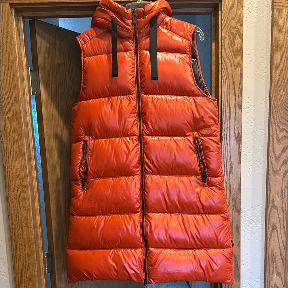 Save the Duck Bright Orange WOMEN'S HOODED ANIMAL FREE PUFFER VEST